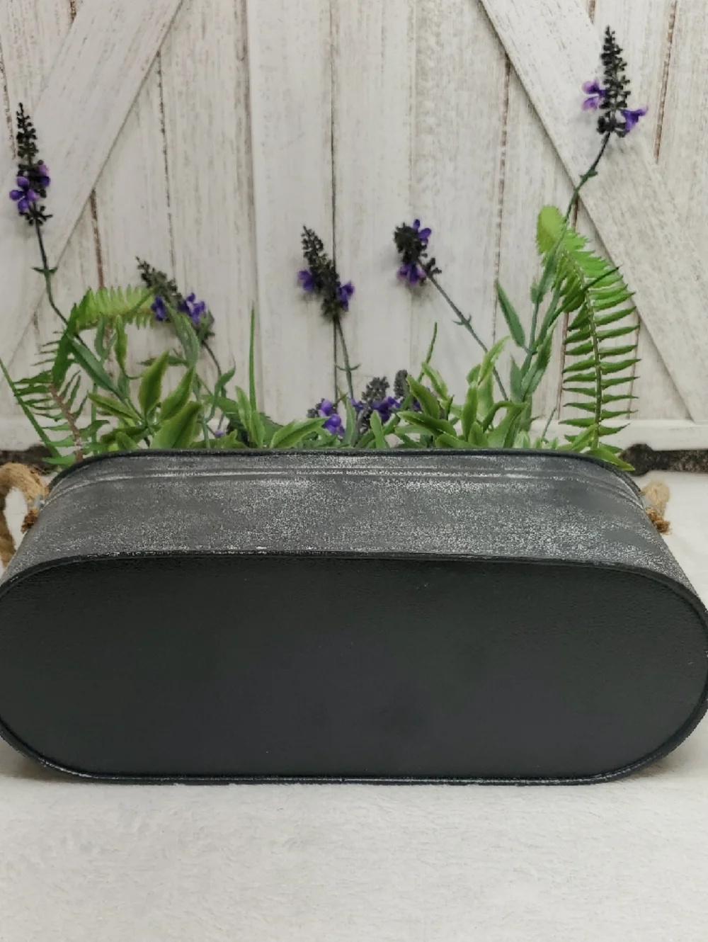 Faux Floral Lavender Fern Arrangement in Metal Planter with Rope Handles
